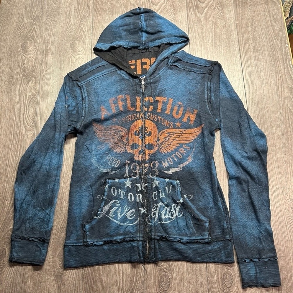 Affliction American Customs Reversible Large Zip Hoodie Blue Thermal Y2K Skull